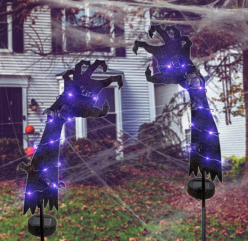 Solar Halloween Yard Decorations, Outdoor LED Solar Powered Ghost Hand Halloween Pathway Lights, Metal Garden Stakes Lawn Yard Ornament, Set of 2 by Outdoor Solar Outlet