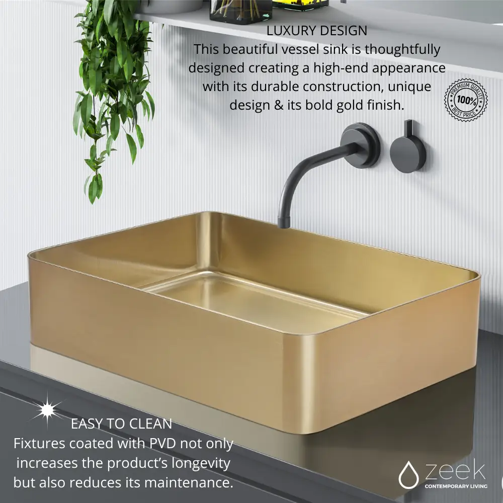 Zeek 18”x13” Gold Rectangular Vessel Bathroom Sink Stainless Steel PVD Nano Tech Coating ZN-G183 by ZEEK