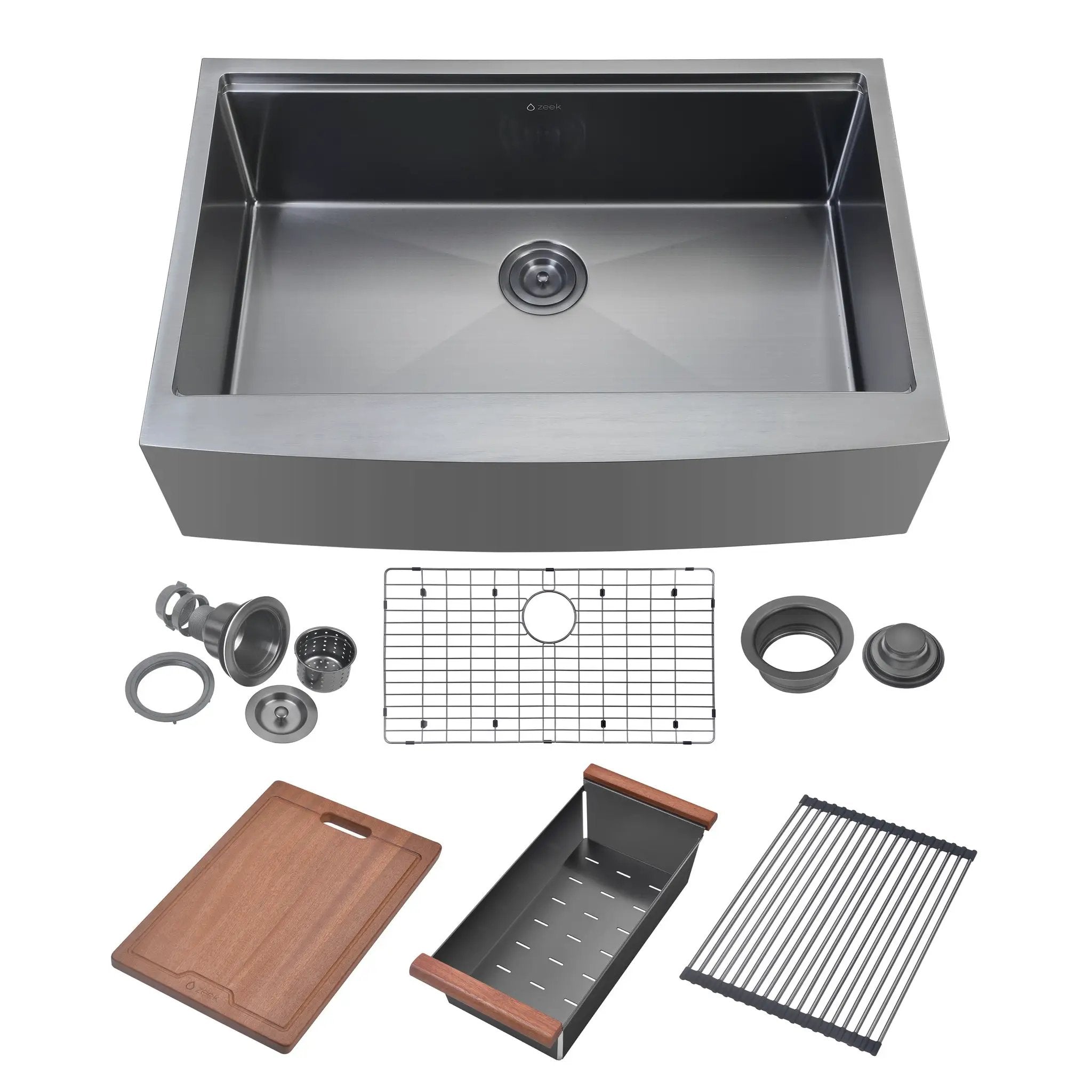 Zeek 33" Farmhouse Workstation Single Bowl Gunmetal Matte Black Kitchen Sink With Accessories PVD Nano Tech Coating ENZO ZA-B332 by ZEEK