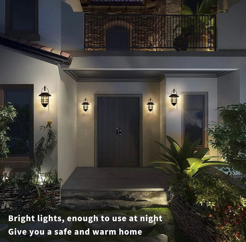 2 Pack Security Solar Hanging Lanterns , Wall/Porch Lights 15 Lumen Heavy Glass & Stainless by Outdoor Solar Outlet
