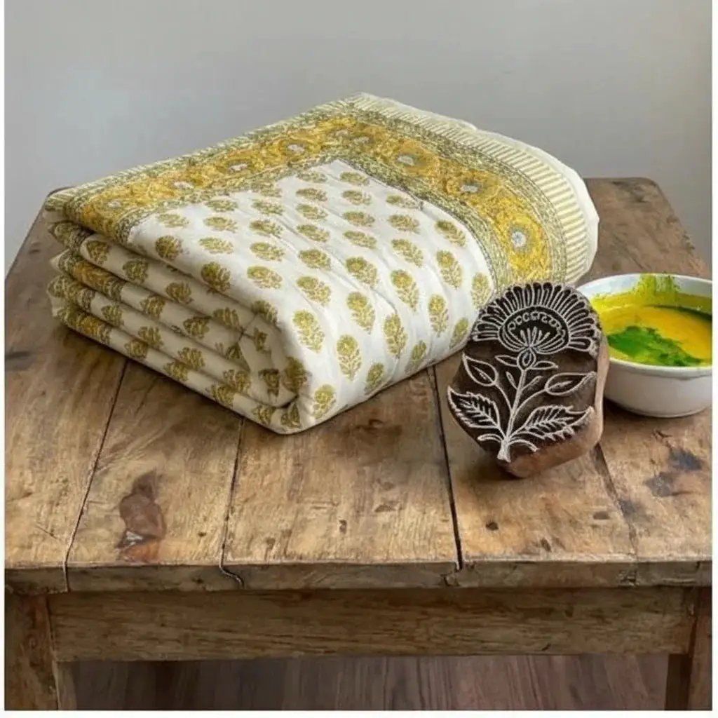 House of Avana Cream & Mustard Yellow Floral Jaipur Indian Hand Block Print Quilted Comforter by House Of Avana