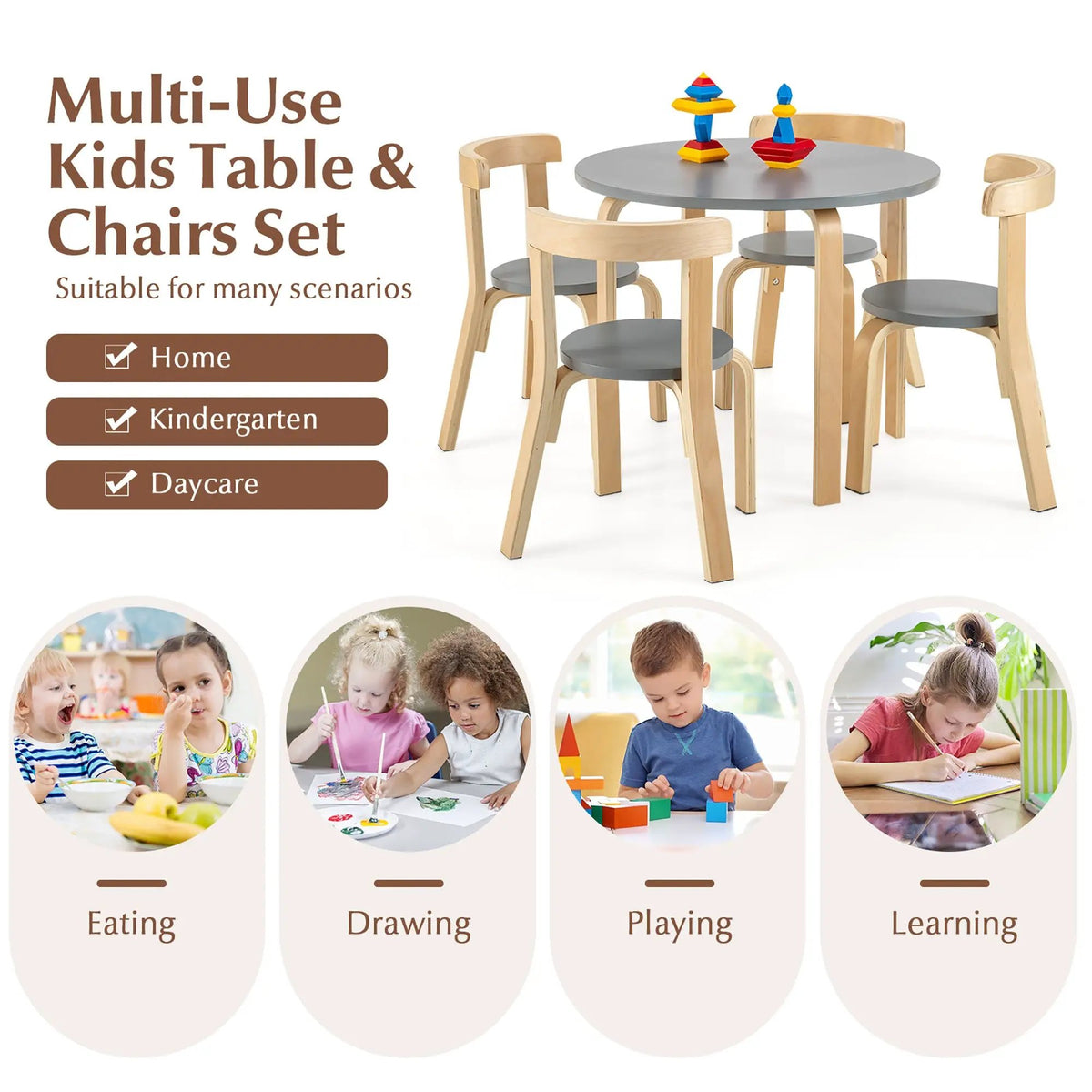5-Piece Kids Wooden Curved Back Activity Table and Chair Set with by DirectDeals