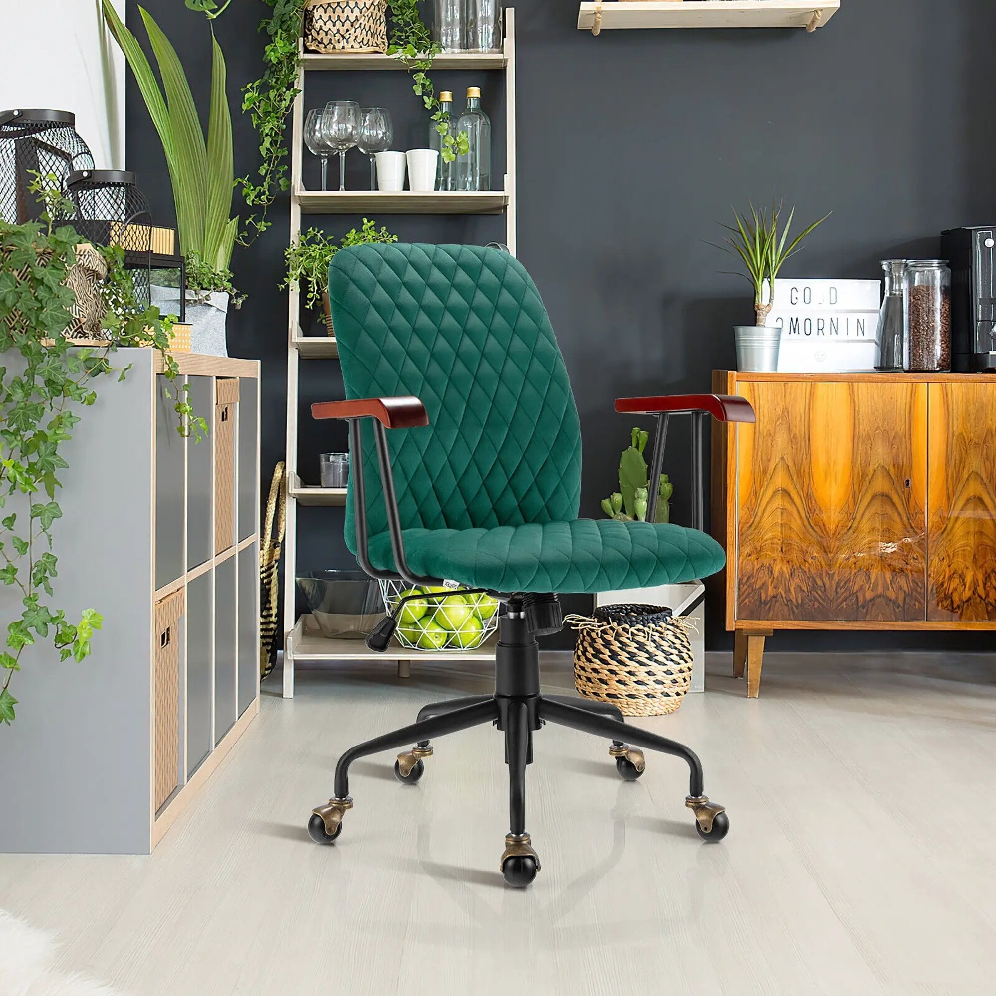 Velvet Office Chair with Wooden Armrests - Adjustable Height by DirectDeals