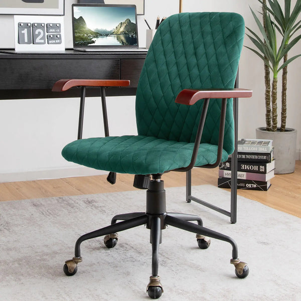 Velvet Office Chair with Wooden Armrests - Adjustable Height