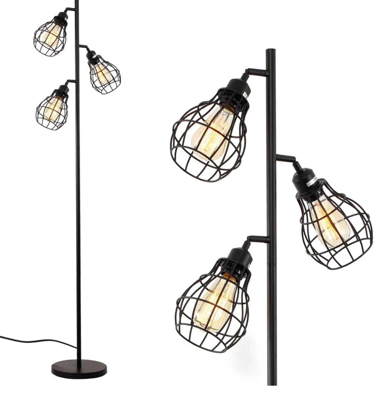 Floor Lamp Matches Industrial, Farmhouse & Rustic Living Rooms – Standing Tree Lamp with 3 Elegant Cage Heads & Edison LED Bulbs by Outdoor Solar Outlet
