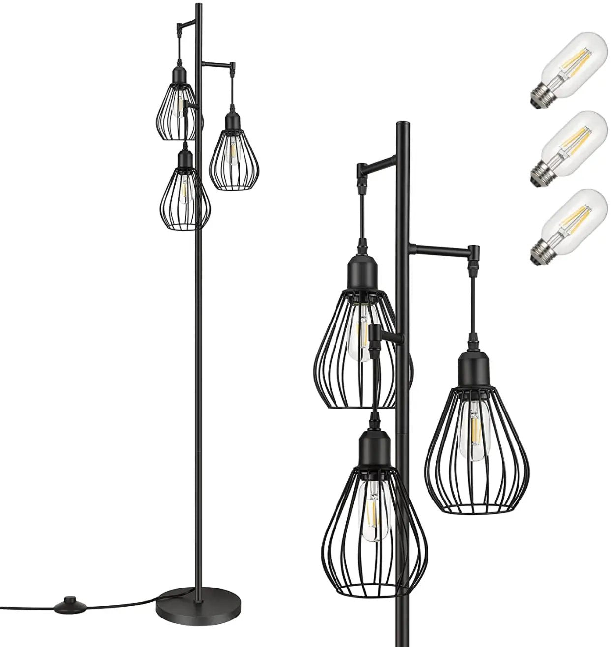 Floor Lamp Matches Industrial, Farmhouse & Rustic Living Rooms – Standing Tree Lamp with 3 Elegant Cage Heads & Edison LED Bulbs by Outdoor Solar Outlet