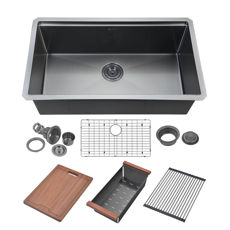 Zeek 32" Workstation Single Bowl Gunmetal Matte Black Undermount / Drop-In Kitchen Sink With Accessories PVD Nano Tech Coating ENZO ZW-B329 by ZEEK