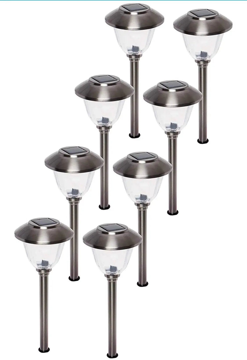 Energizer 8 Pack Solar Pathway LED Lights Outdoor- Glass and Stainless Steel 15 LM ( Silver ) by Outdoor Solar Outlet