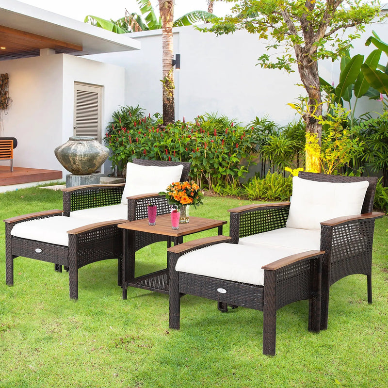 5 Pieces Patio Rattan Furniture Set with Acacia Wood Table by DirectDeals
