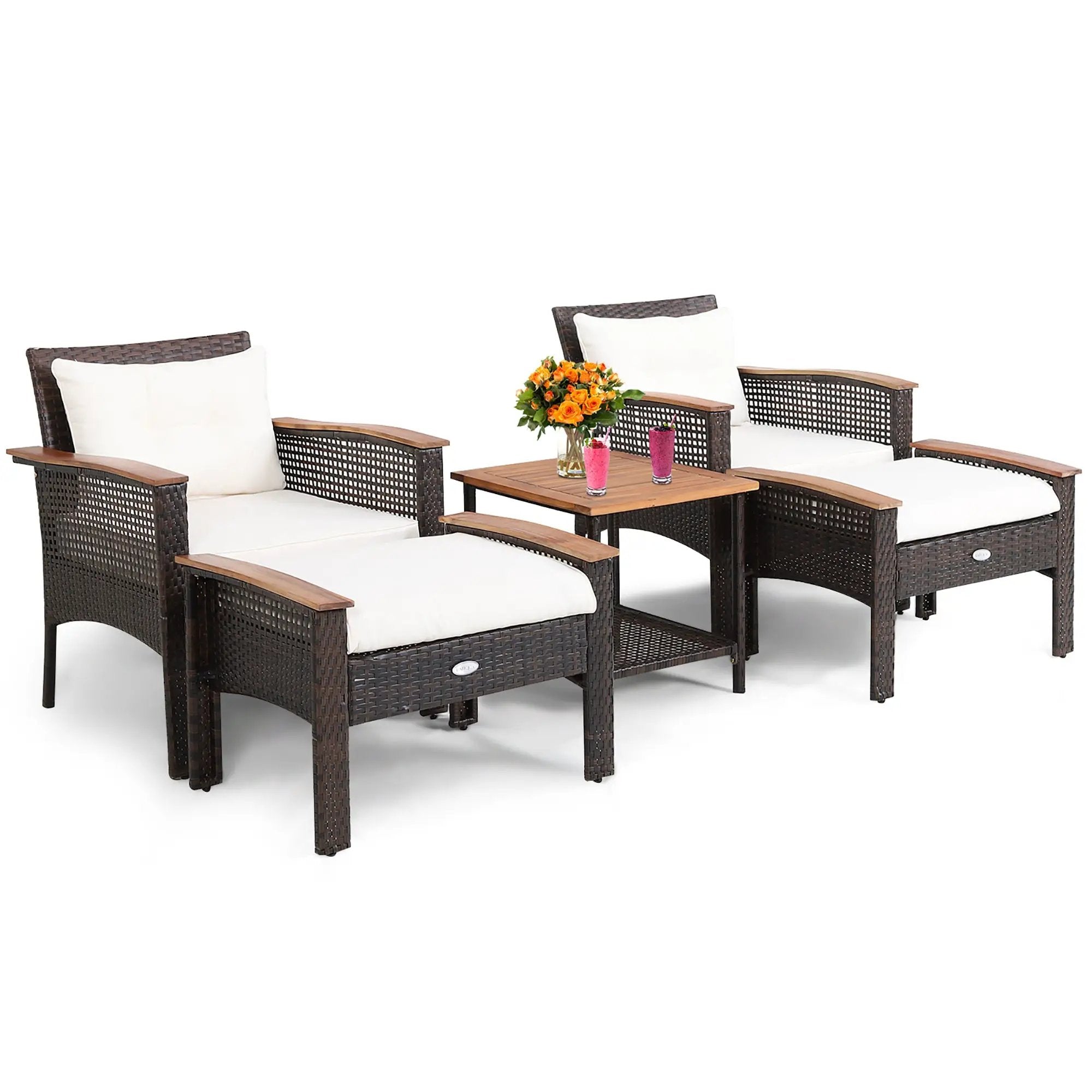 5 Pieces Patio Rattan Furniture Set with Acacia Wood Table by DirectDeals