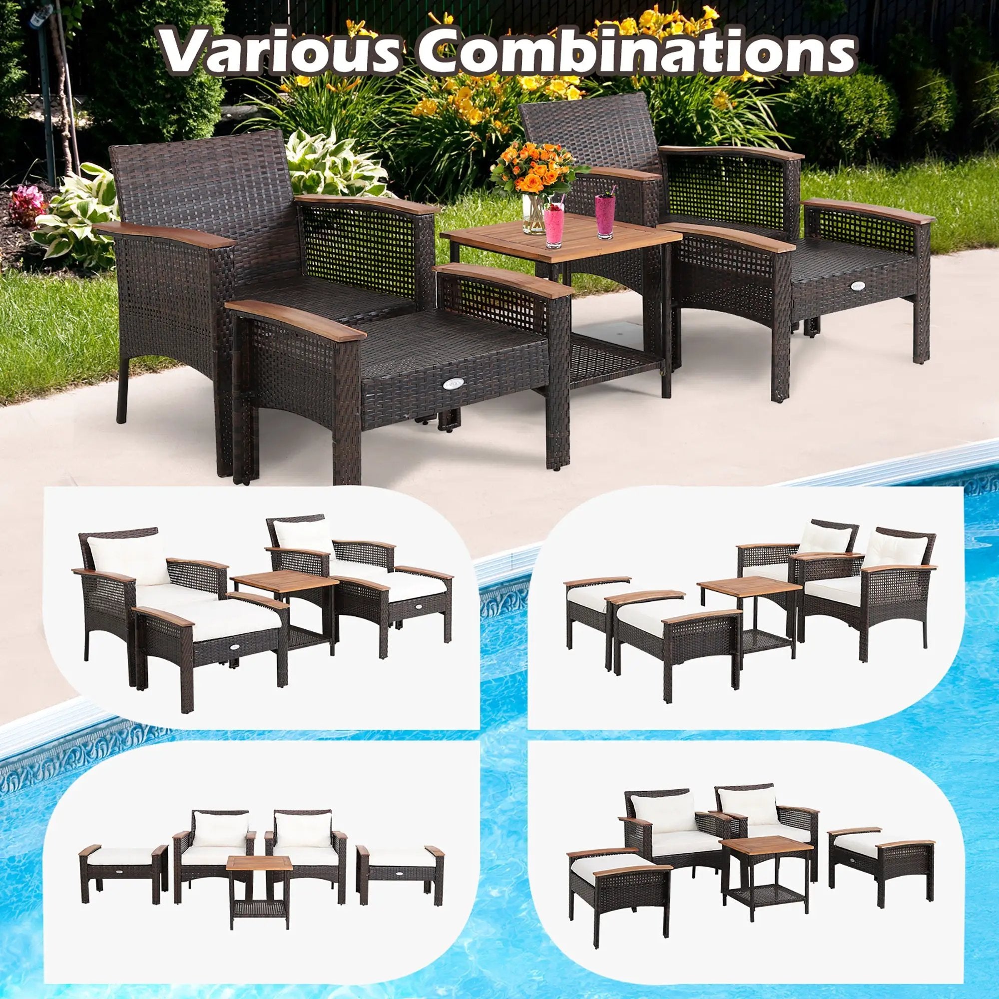 5 Pieces Patio Rattan Furniture Set with Acacia Wood Table by DirectDeals