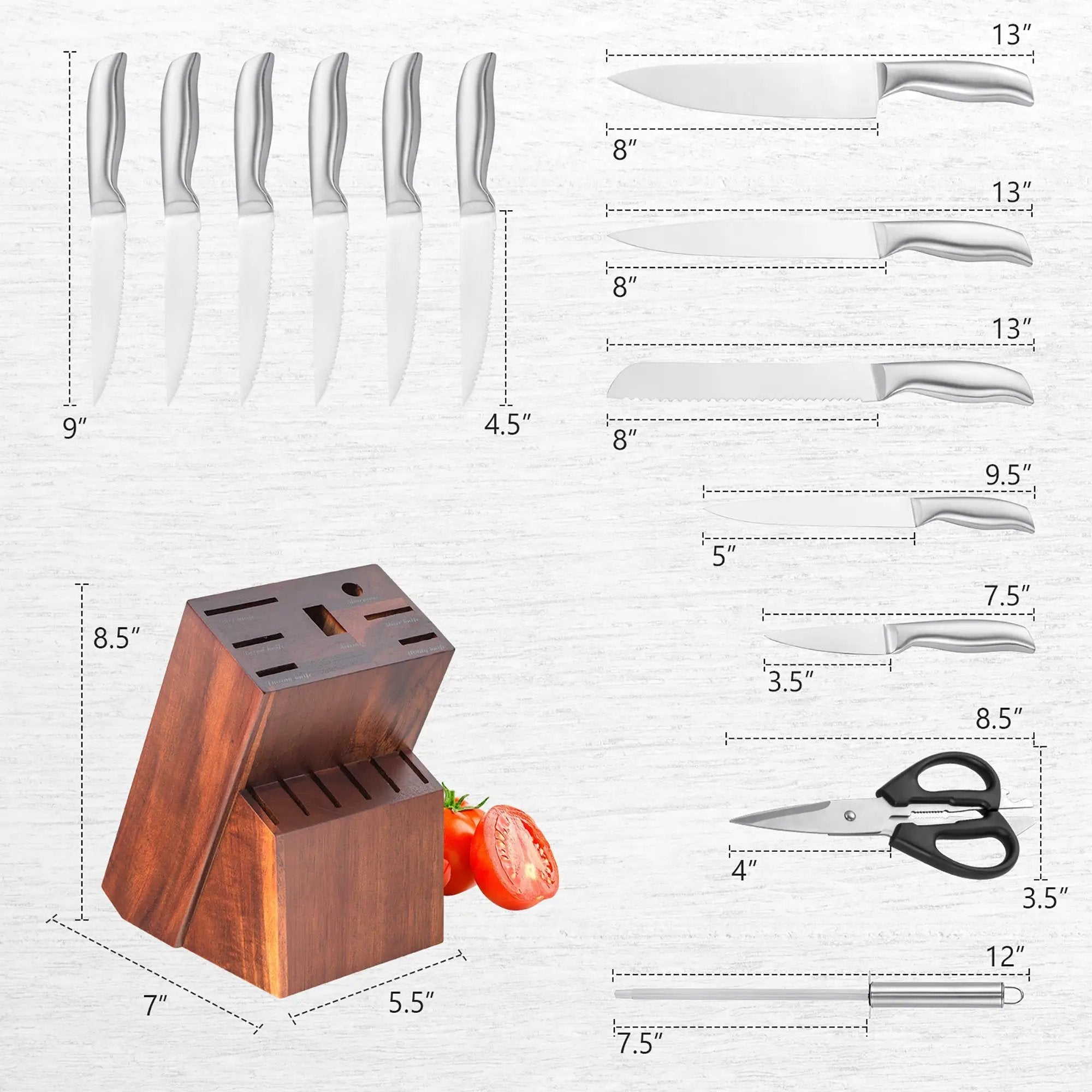 14-Piece Kitchen Knife Set Stainless Steel Knife Block Set with Sharpener by DirectDeals