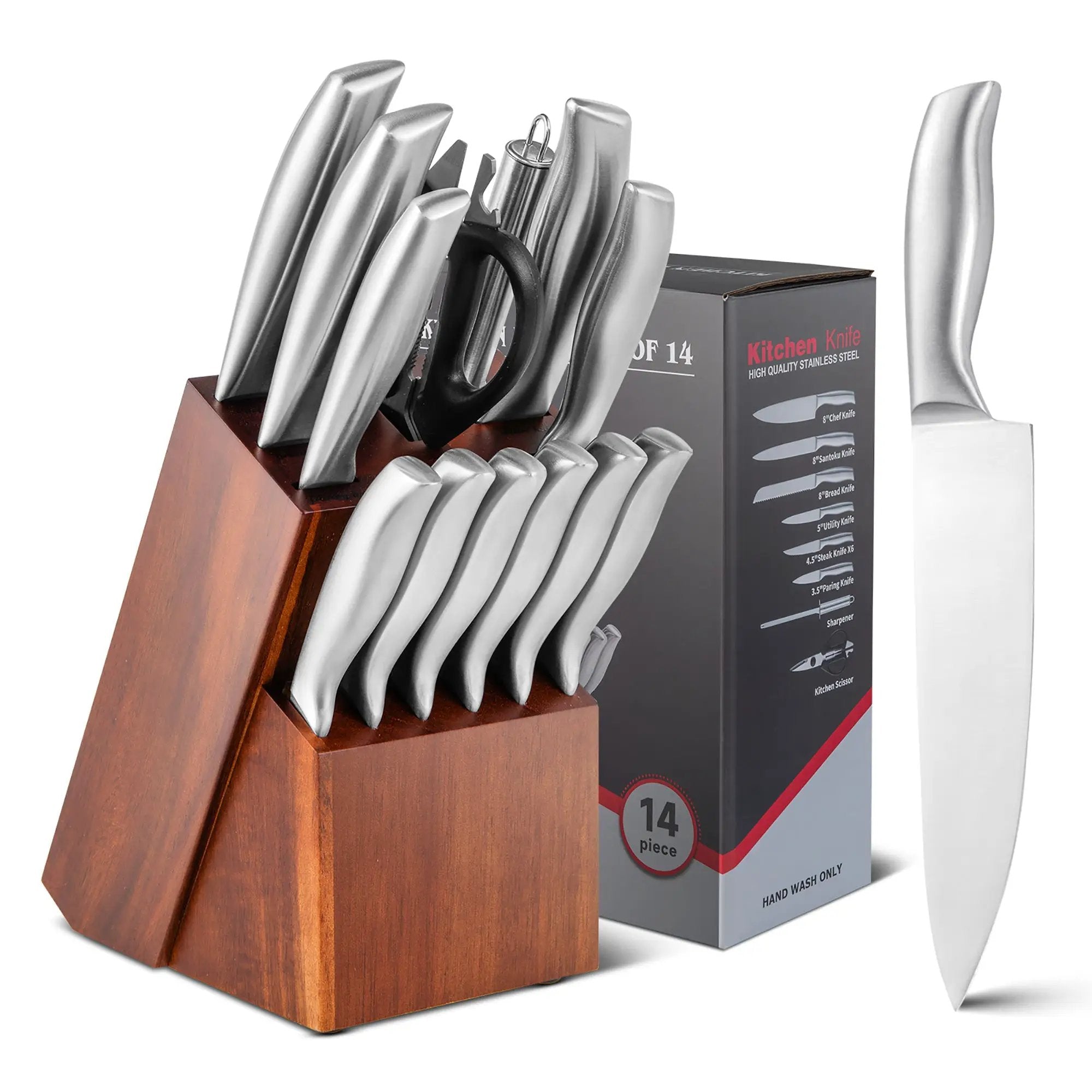 14-Piece Kitchen Knife Set Stainless Steel Knife Block Set with Sharpener by DirectDeals