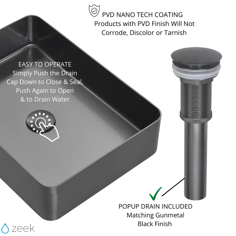 Zeek 18”x13” Gunmetal Black Rectangular Vessel Bathroom Sink Stainless Steel PVD Nano Tech Coating ZN-B183 by ZEEK