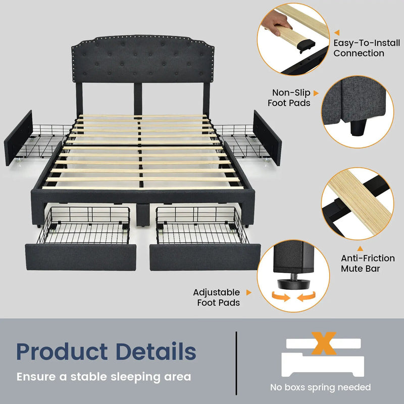 Platform Bed Frame with 4 Storage Drawers and Adjustable Headboard by DirectDeals