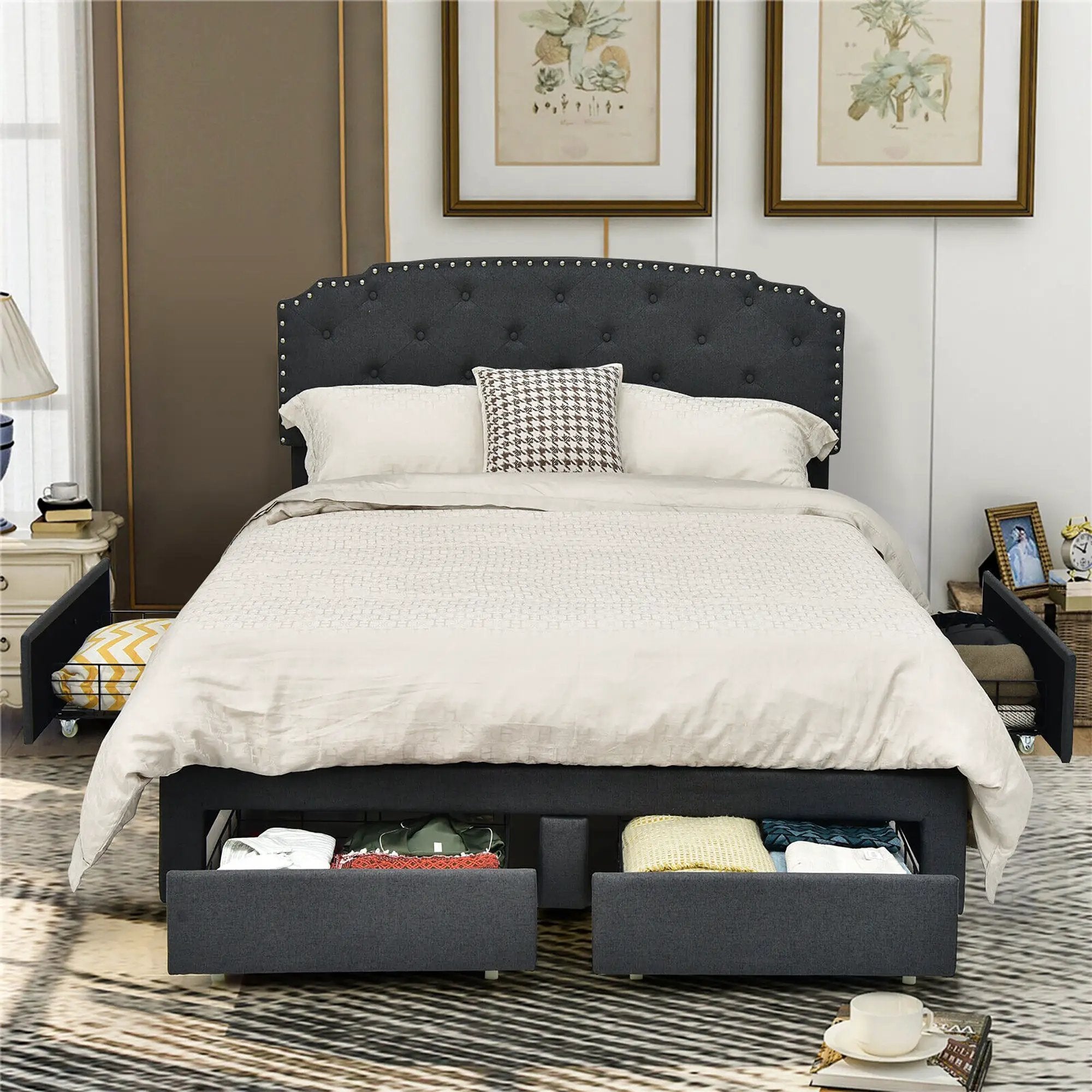 Platform Bed Frame with 4 Storage Drawers and Adjustable Headboard by DirectDeals