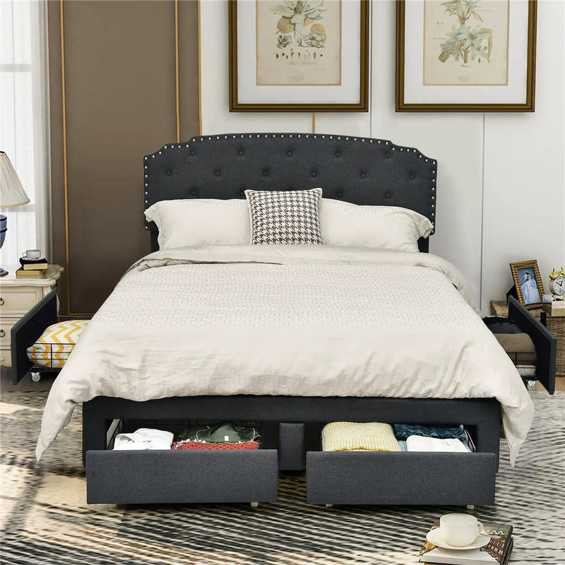 Platform Bed Frame with 4 Storage Drawers and Adjustable Headboard by DirectDeals