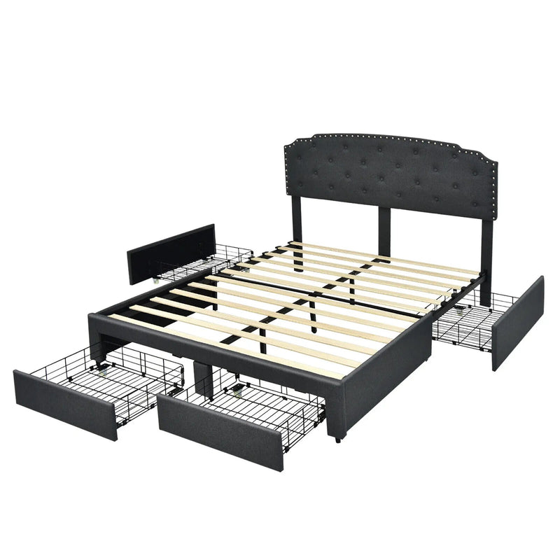 Platform Bed Frame with 4 Storage Drawers and Adjustable Headboard by DirectDeals