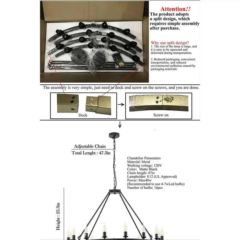 Hubrin Black Wagon Wheel Chandelier,16-Light 39.4 inch,Rustic Farmhouse Industrial Chandeliers,Kitchen Island Light Fixtures E12 Base for Living Room (Black, 39.4" 16-Light) by Selzalot