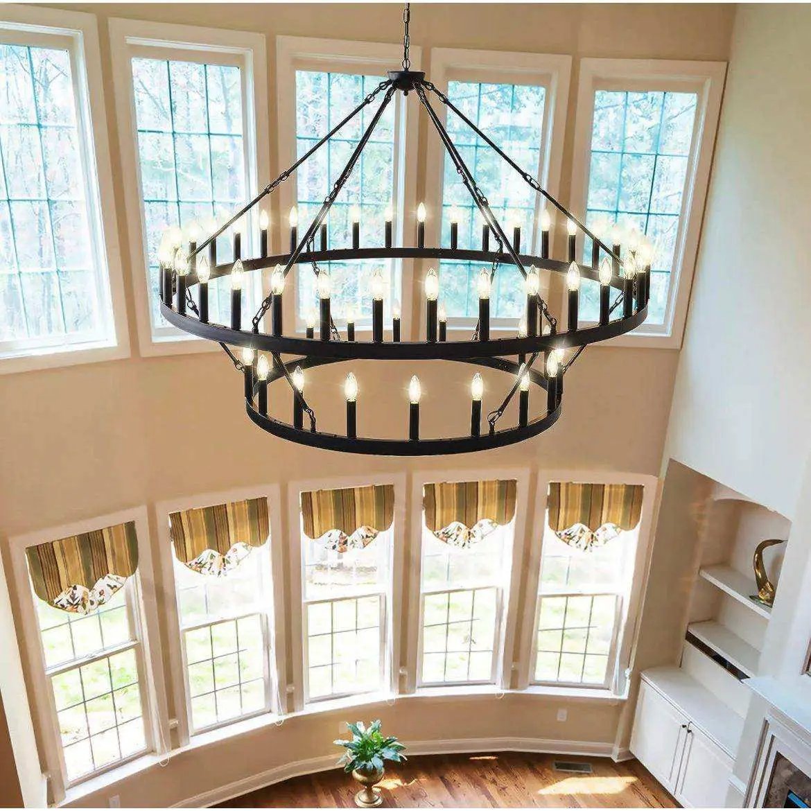 Yikrfiae Black Wagon Wheel Chandelier 2 Tier 54-Lights 60 Inch Extra Large Farmhouse Pendant Light Fixture, Round Rustic Hanging Lighting for Dining Room Kitchen Island Foyer Entryway by Selzalot