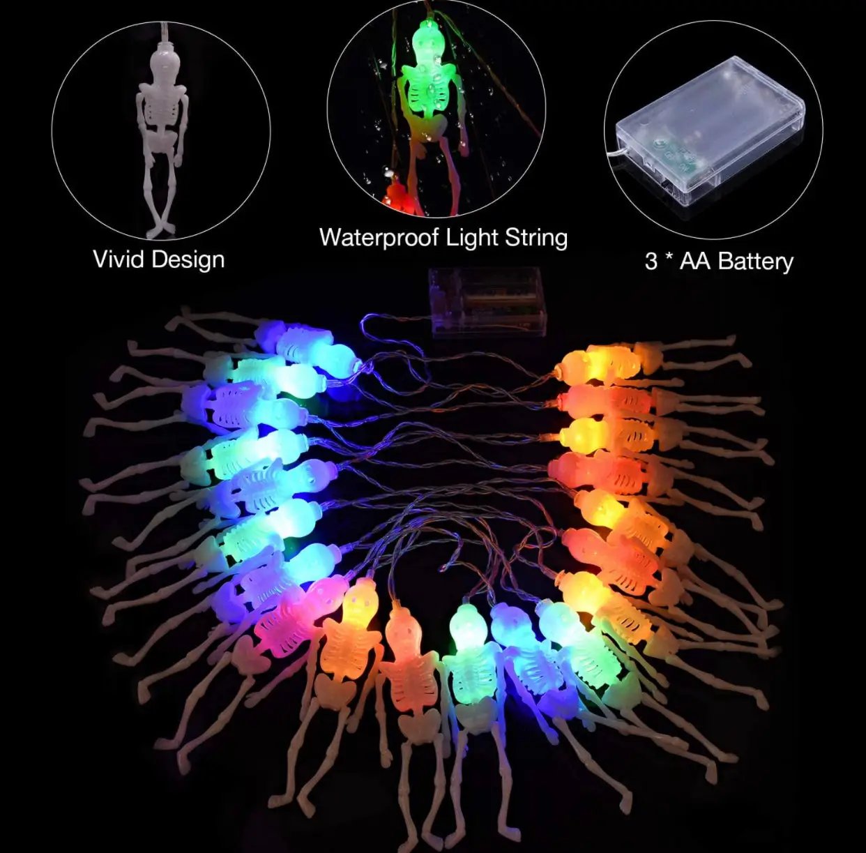 10Ft Solar Powered Skeleton Lights Halloween String Lights -20LEDs 2 Lighting Modes by Outdoor Solar Outlet