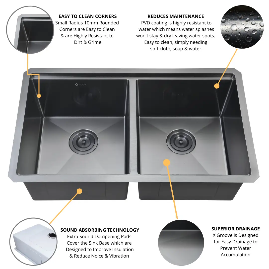 Zeek 32" Workstation Double Bowl Gunmetal Matte Black Undermount / Drop-In Kitchen Sink With Accessories PVD Nano Tech Coating ENZO ZW-B509 by ZEEK
