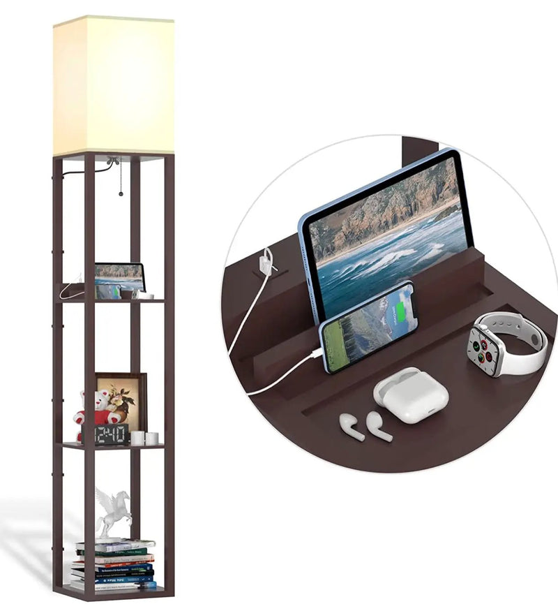 Floor Lamp Charger - Shelf Floor Lamp with USB Charging Ports and Electric Outlet by Outdoor Solar Outlet