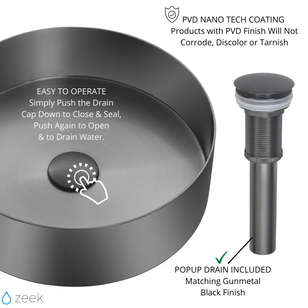 Zeek 14” Gunmetal Black Round Vessel Bathroom Sink Stainless Steel PVD Nano Tech Coating ZN-B144 by ZEEK