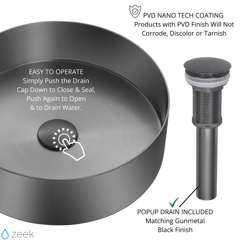 Zeek 14” Gunmetal Black Round Vessel Bathroom Sink Stainless Steel PVD Nano Tech Coating ZN-B144 by ZEEK