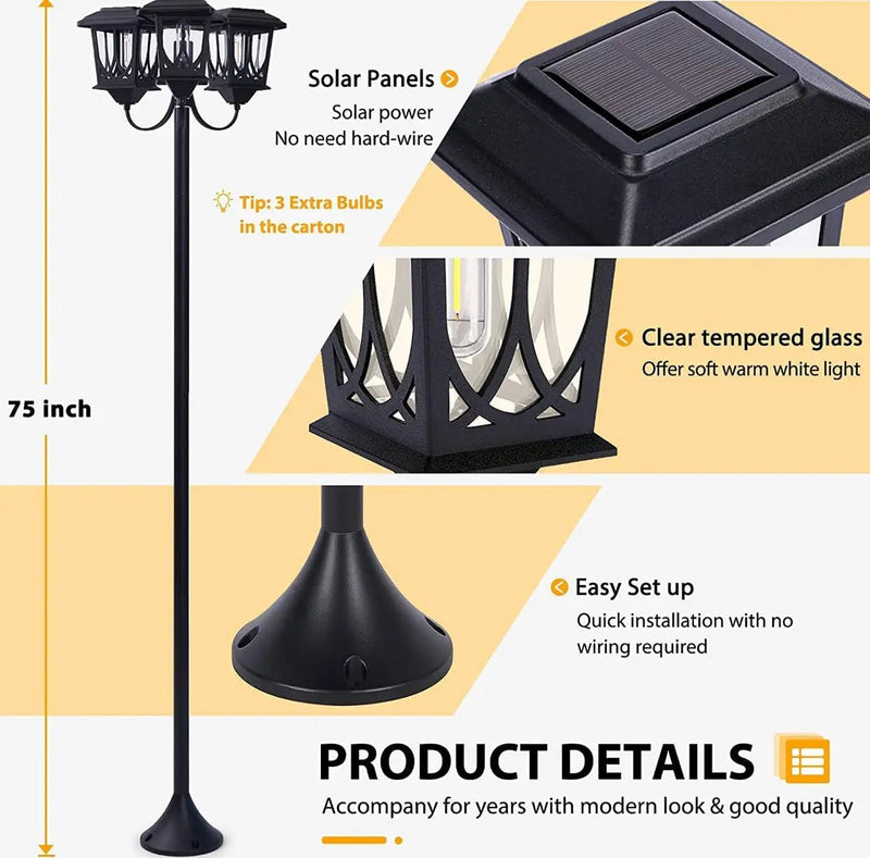 SmartYard Aluminum 74.8“ Outdoor Lamp Post Lights ,3-Head Waterproof Street Lights 60 Lumen by Outdoor Solar Outlet