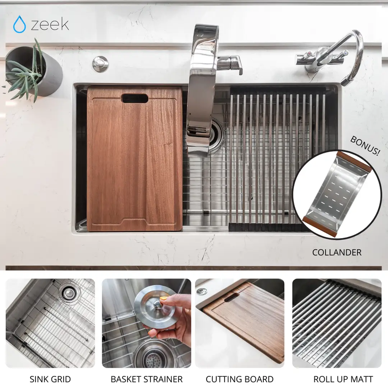 Zeek 32" Undermount / Drop-In Single Bowl Workstation Kitchen Sink ZH-LD32 by ZEEK
