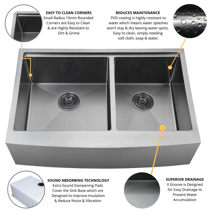 Zeek 33" Farmhouse Workstation 60/40 Bowl Gunmetal Matte Black Kitchen Sink With Accessories PVD Nano Tech Coating ENZO ZA-B642 by ZEEK