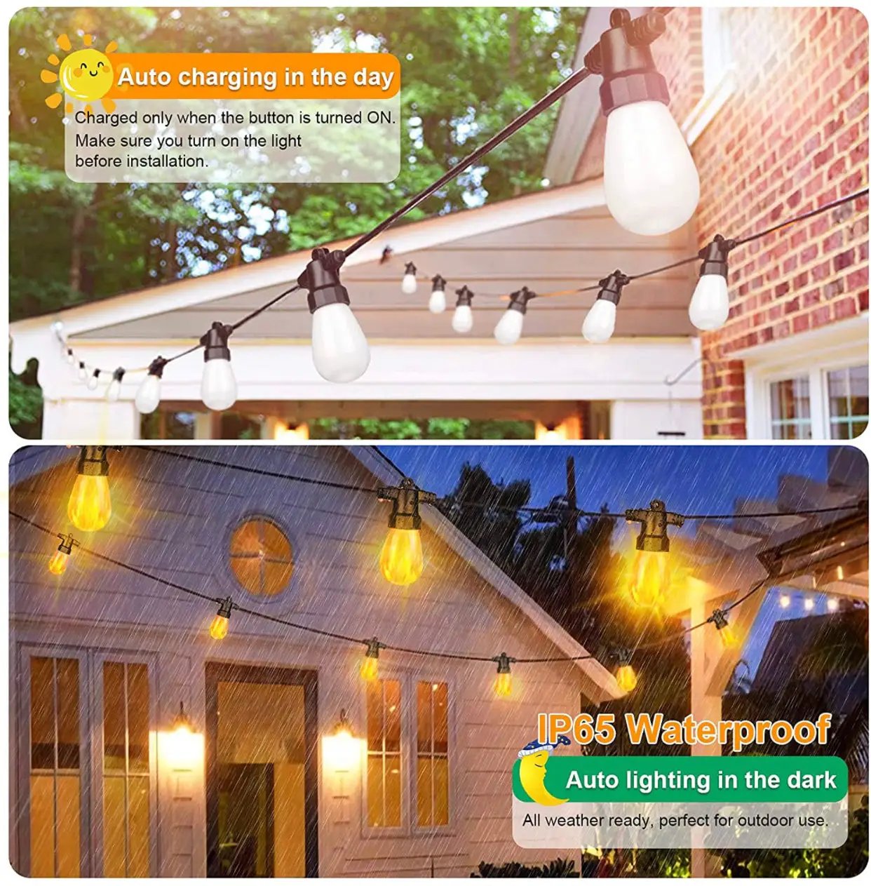 27Ft Solar Flickering LED Bulbs - Solar Panel Powered Hanging String Lights -12 Bulbs by Outdoor Solar Outlet