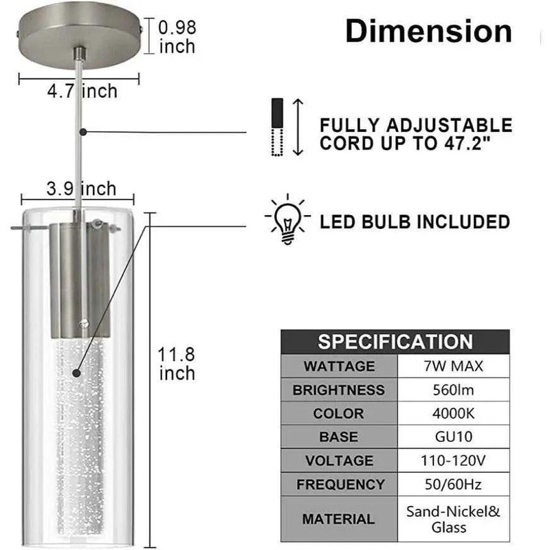 huong son Bubble Glass Pendant Lights Sand-Nickel Brushed, Mini Cylinder Pendant Light Fixture with Glass Shade, Indoor Pendant Lighting Adjustable Length, GU10 4000K LED Bulb Included, 3 Pack by Selzalot