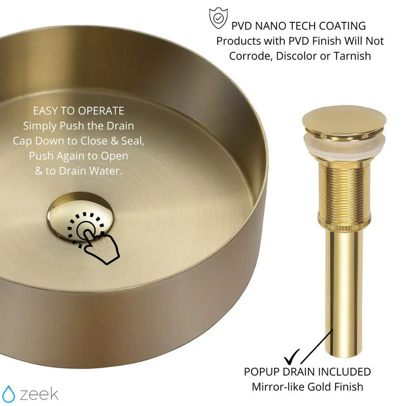 Zeek 14” Gold Round Vessel Bathroom Sink Stainless Steel PVD Nano Tech Coating ZN-G144 by ZEEK