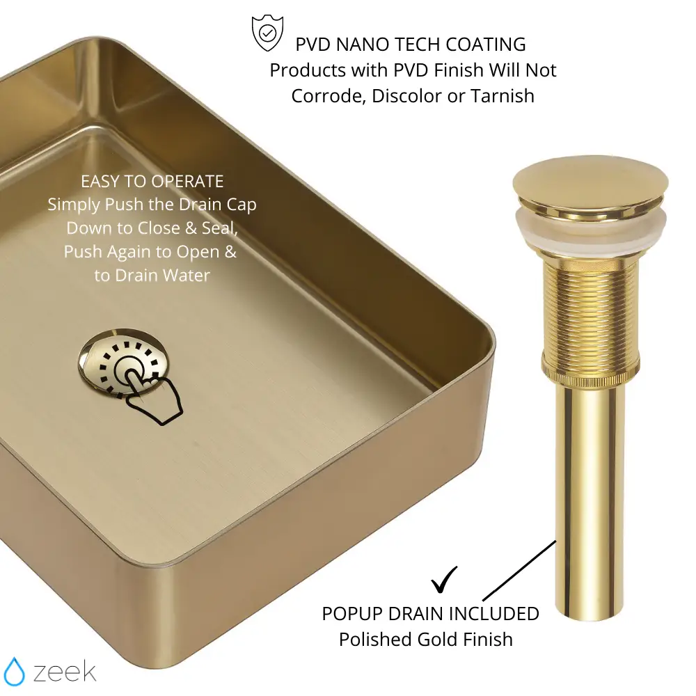 Zeek 18”x13” Gold Rectangular Vessel Bathroom Sink Stainless Steel PVD Nano Tech Coating ZN-G183 by ZEEK