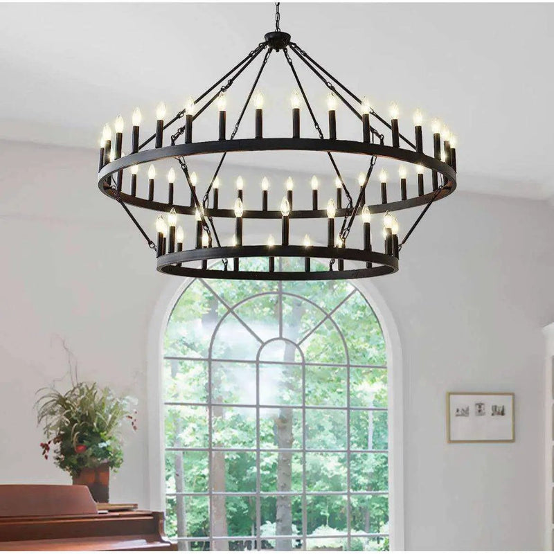 Yikrfiae Black Wagon Wheel Chandelier 2 Tier 54-Lights 60 Inch Extra Large Farmhouse Pendant Light Fixture, Round Rustic Hanging Lighting for Dining Room Kitchen Island Foyer Entryway by Selzalot