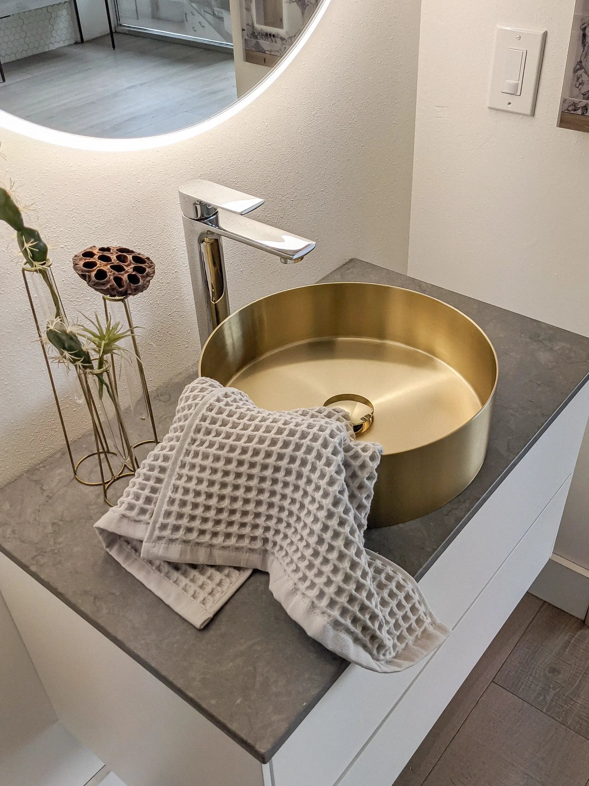 Zeek 14” Gold Round Vessel Bathroom Sink Stainless Steel PVD Nano Tech Coating ZN-G144 by ZEEK