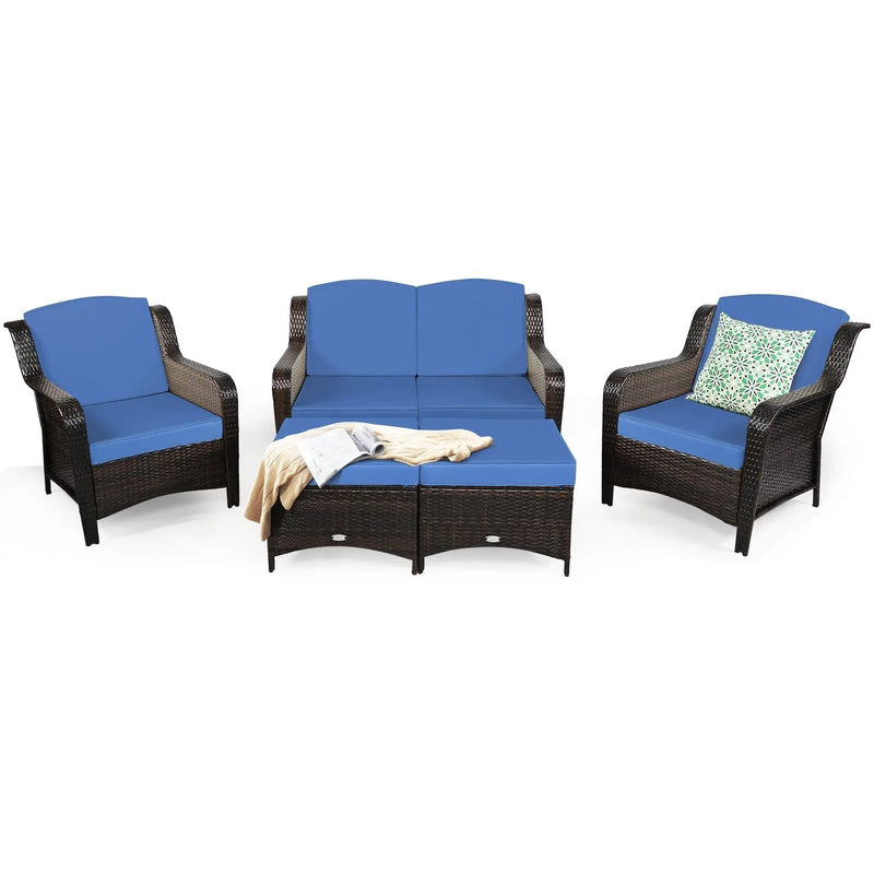 5 Pieces Patio Rattan Sofa Set with Cushion and Ottoman by DirectDeals