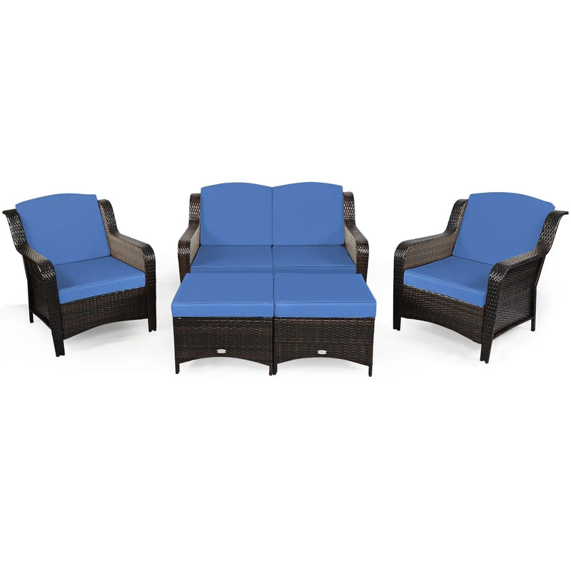 5 Pieces Patio Rattan Sofa Set with Cushion and Ottoman by DirectDeals