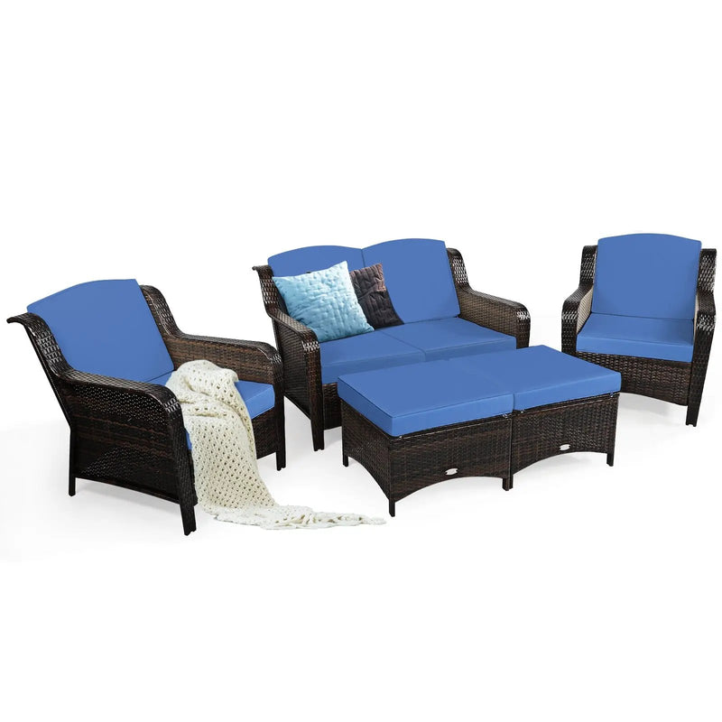 5 Pieces Patio Rattan Sofa Set with Cushion and Ottoman by DirectDeals