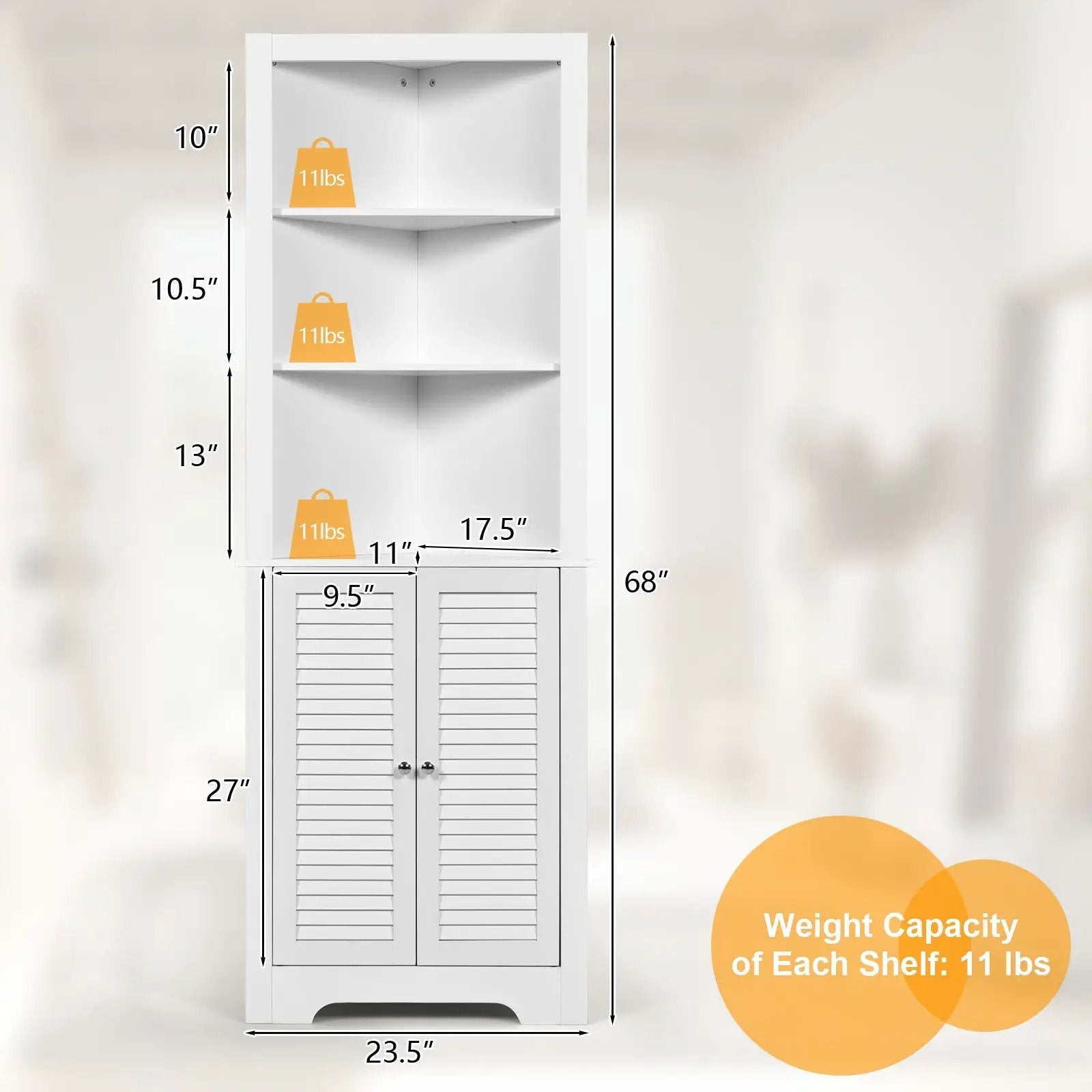 Free Standing Tall Bathroom Corner Storage Cabinet with 3 Shelves by DirectDeals