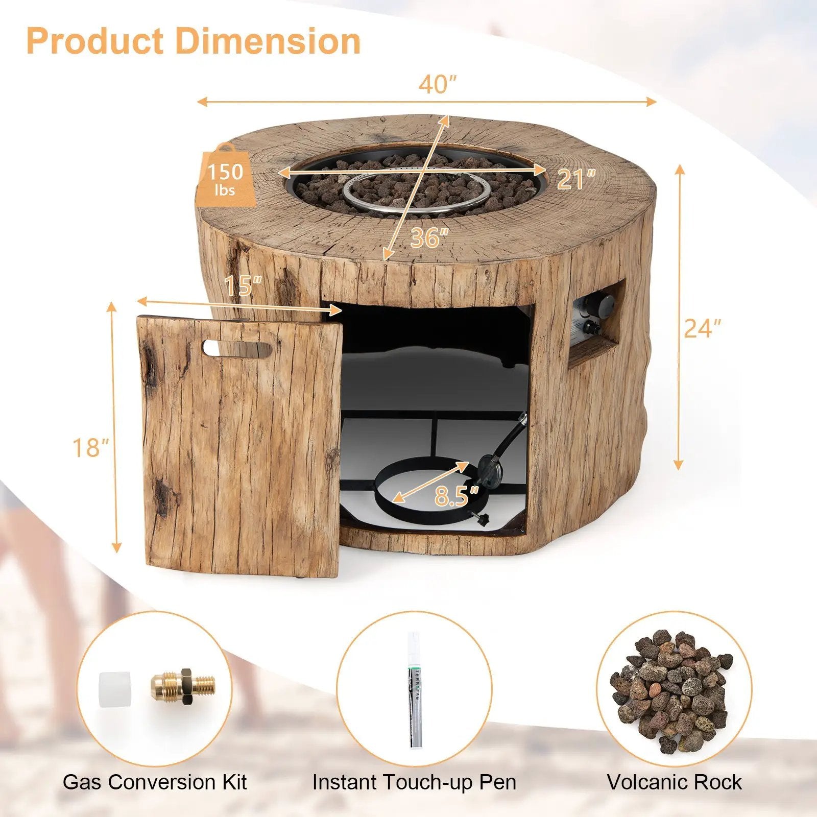40 Inch Round Propane Gas Fire Pit Table Wood-Like Surface with Laval Rock PVC Cover by DirectDeals