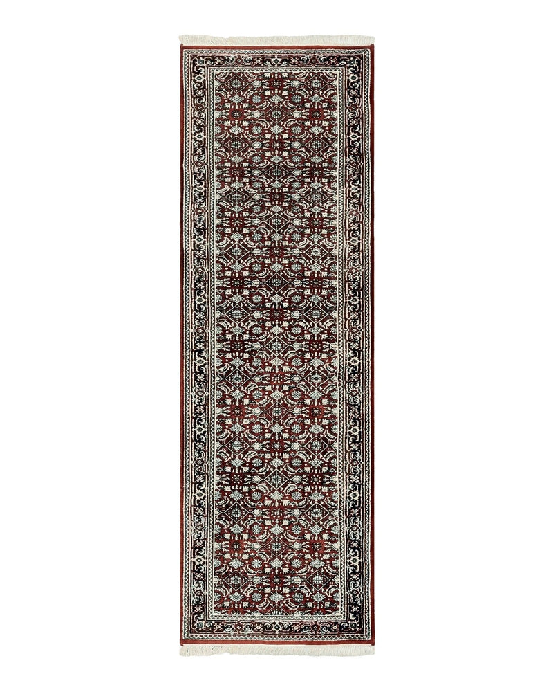 Indo Persian Runner Rug 2.7 x 8, Wool Hand Knotted Vintage Carpet, Red Black, Herati Allover Pattern, Oriental Runner, Rug for Hallway