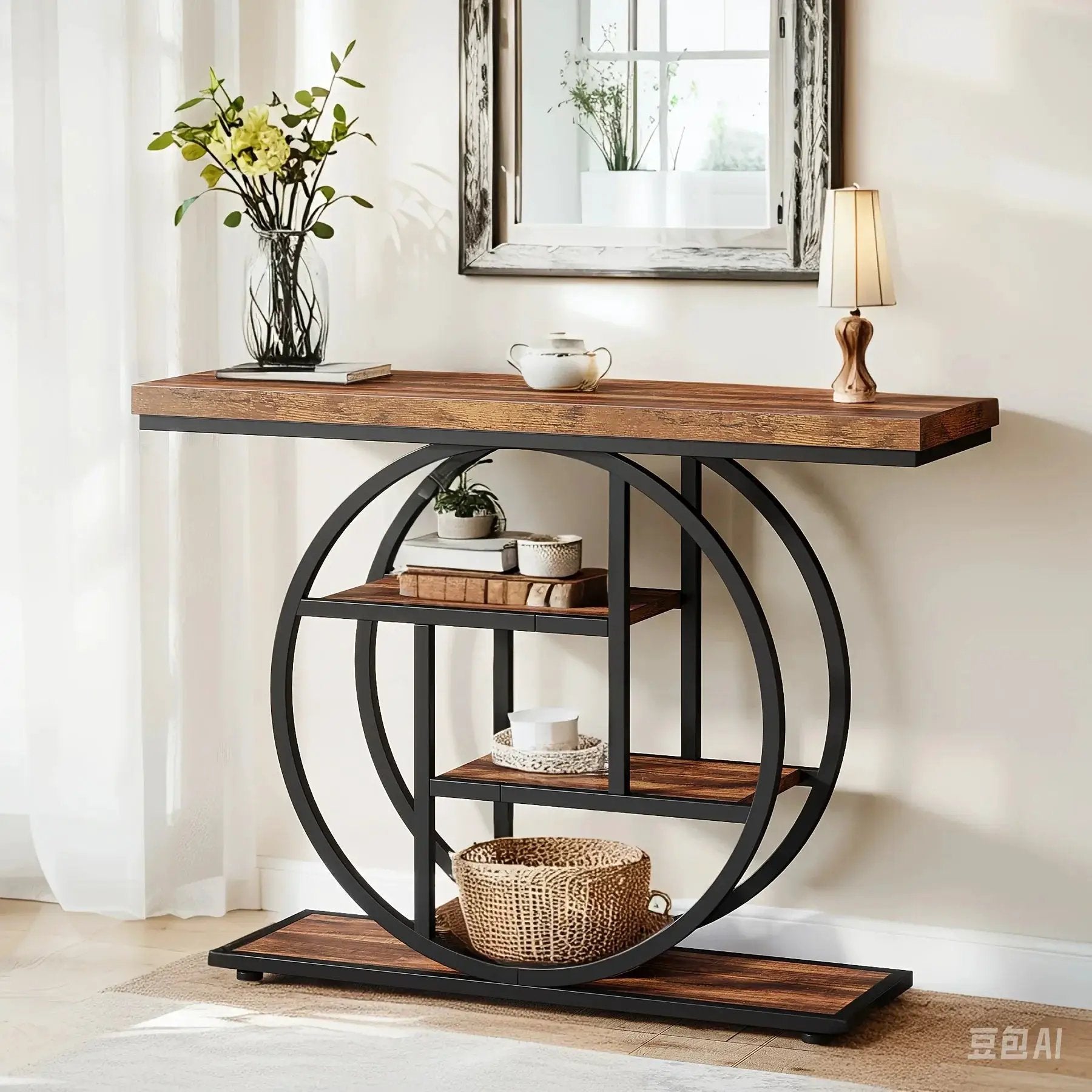 [Industrial Console Table] Industrial Style 41.3" Console Table | 4-Tier Sofa Table With Round Base & Storage Shelves For Living Room, Hallway, Foyer - Rustic Brown by House Of Avana