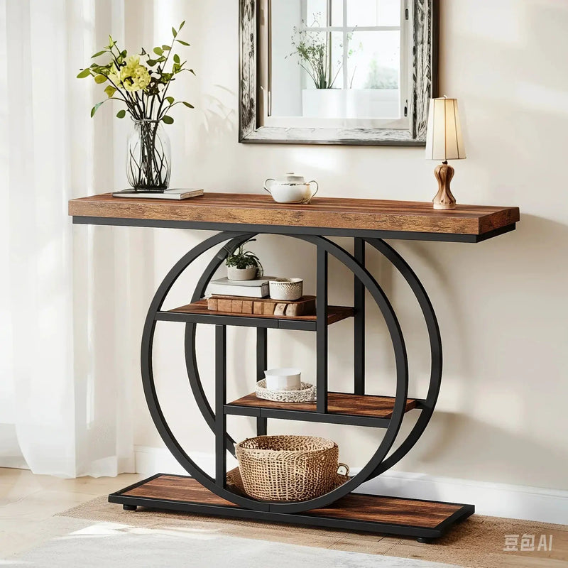 [Industrial Console Table] Industrial Style 41.3" Console Table | 4-Tier Sofa Table With Round Base & Storage Shelves For Living Room, Hallway, Foyer - Rustic Brown by House Of Avana