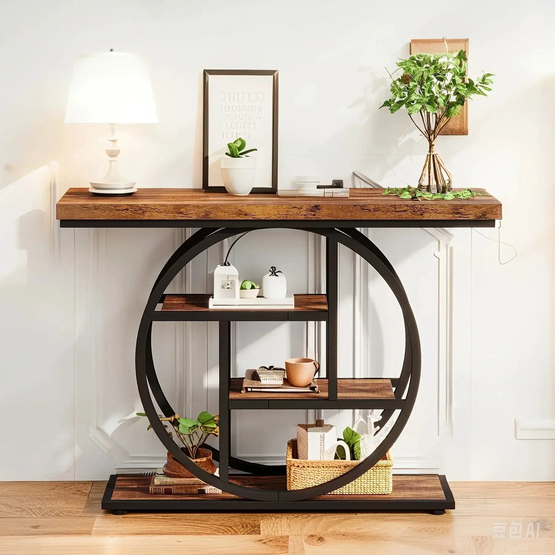 [Industrial Console Table] Industrial Style 41.3" Console Table | 4-Tier Sofa Table With Round Base & Storage Shelves For Living Room, Hallway, Foyer - Rustic Brown by House Of Avana