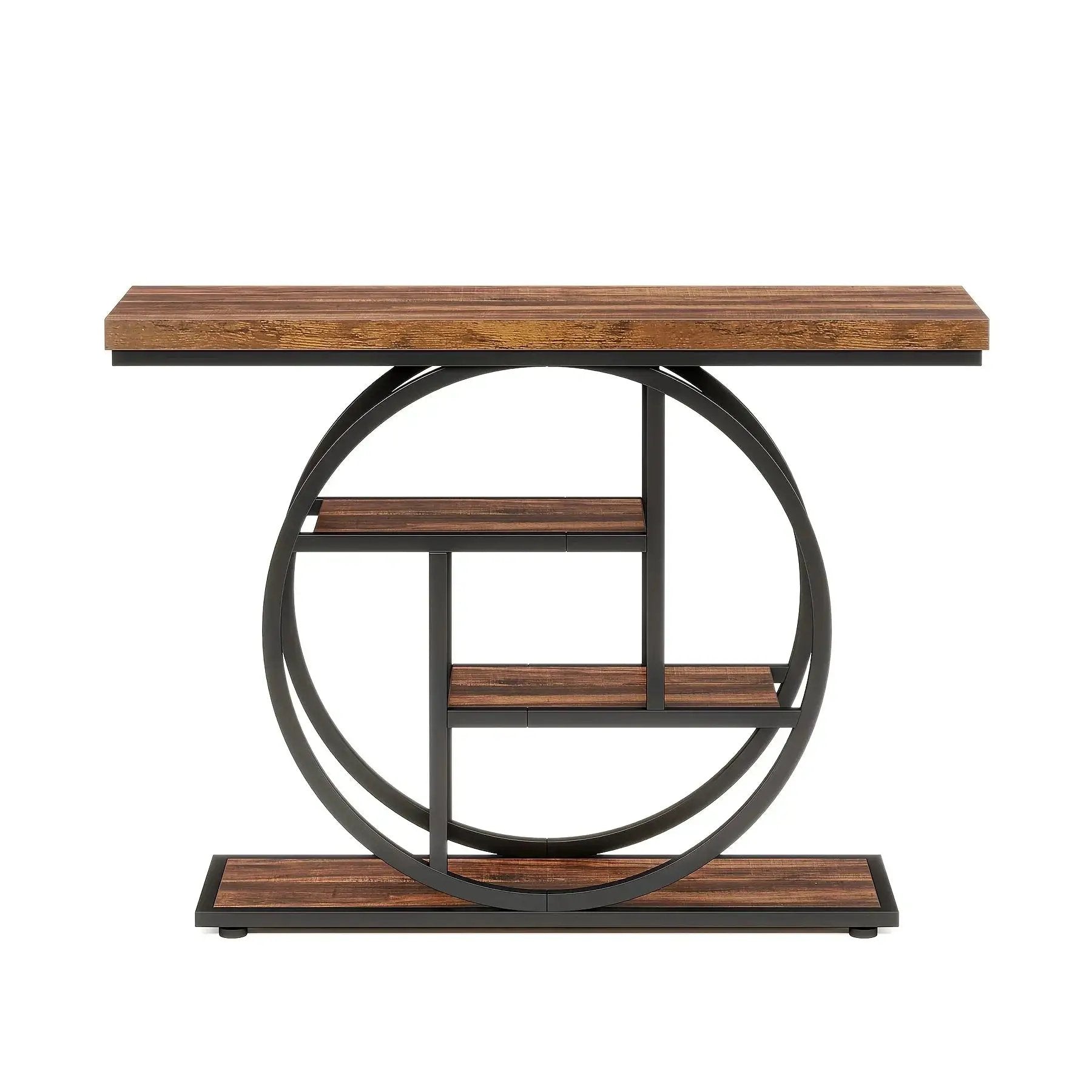 [Industrial Console Table] Industrial Style 41.3" Console Table | 4-Tier Sofa Table With Round Base & Storage Shelves For Living Room, Hallway, Foyer - Rustic Brown by House Of Avana