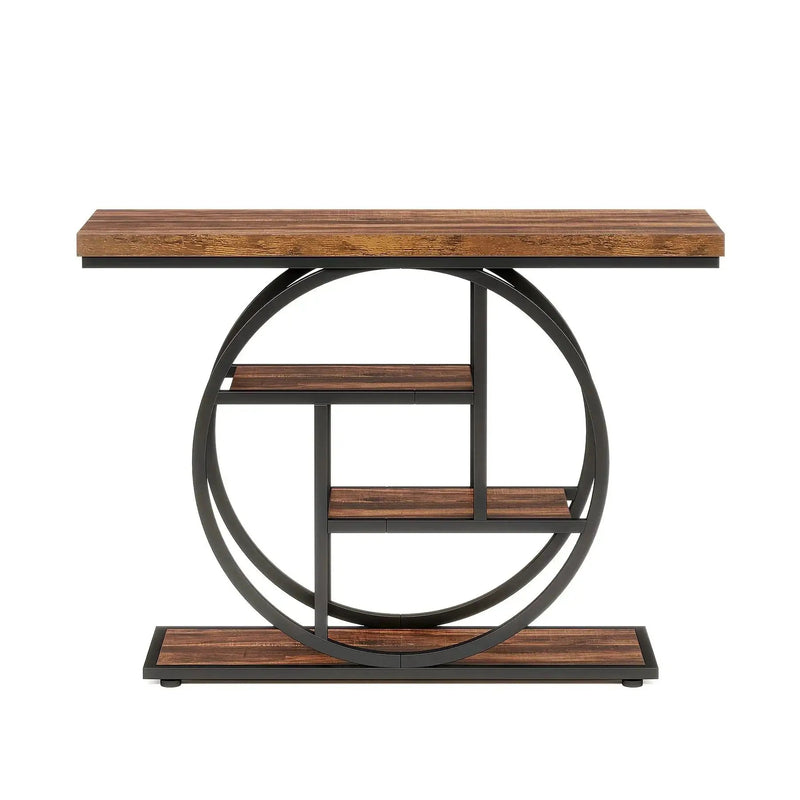 [Industrial Console Table] Industrial Style 41.3" Console Table | 4-Tier Sofa Table With Round Base & Storage Shelves For Living Room, Hallway, Foyer - Rustic Brown by House Of Avana