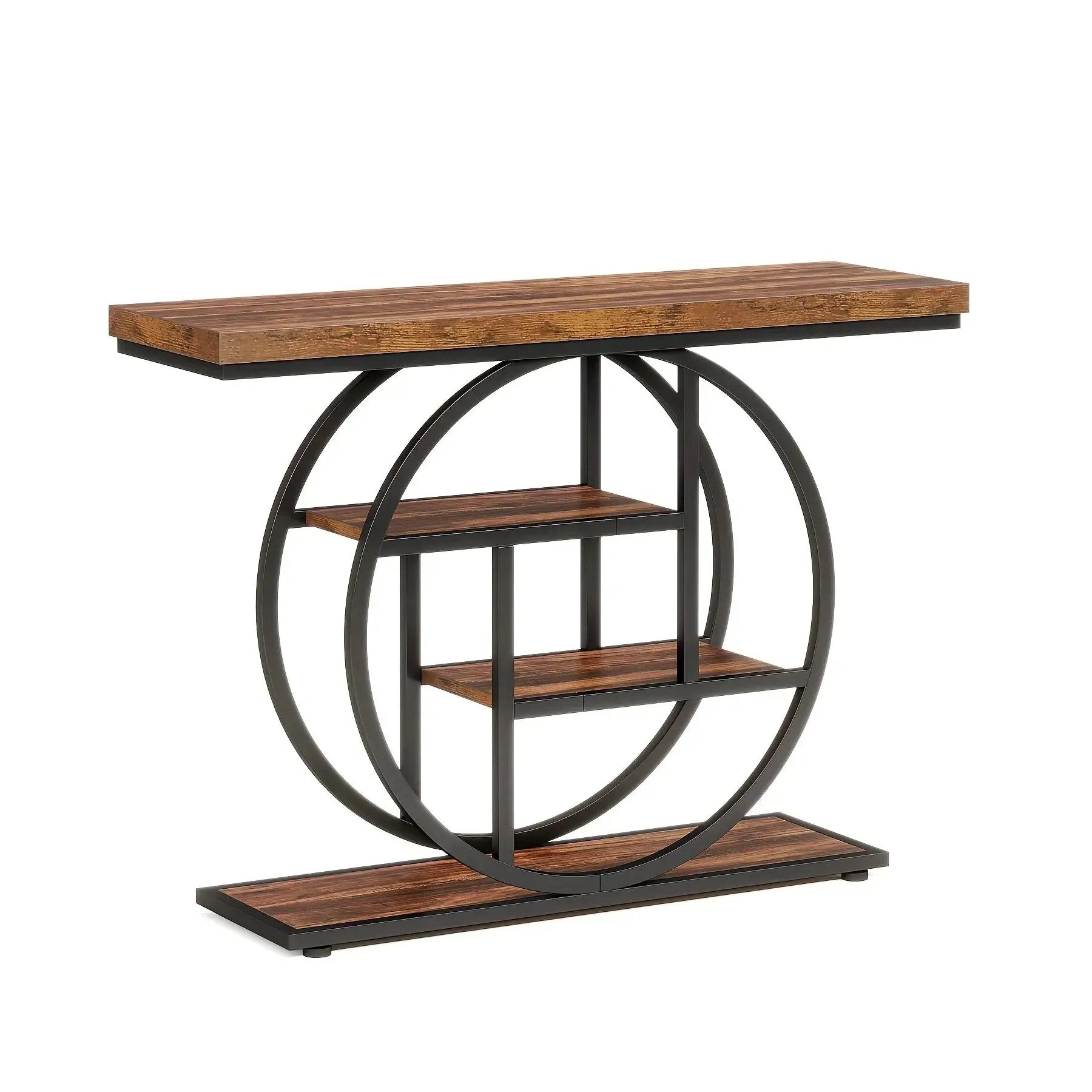 [Industrial Console Table] Industrial Style 41.3" Console Table | 4-Tier Sofa Table With Round Base & Storage Shelves For Living Room, Hallway, Foyer - Rustic Brown by House Of Avana